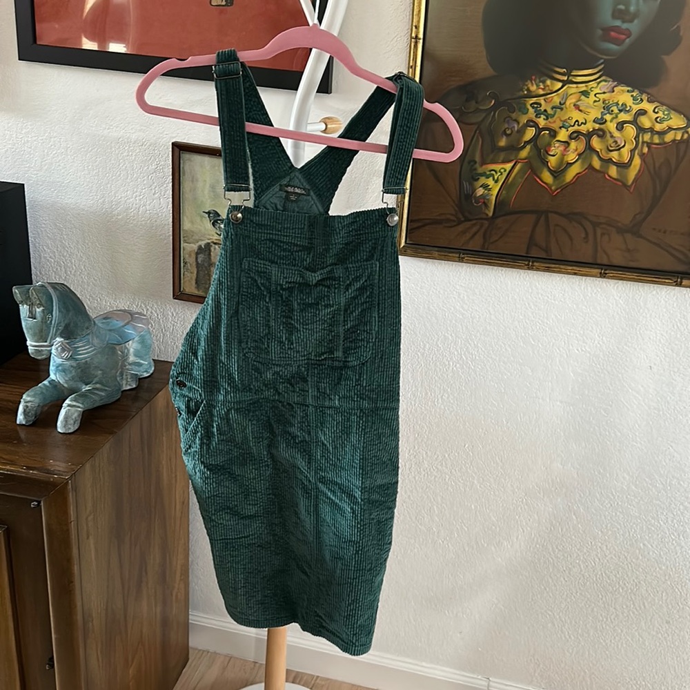 Large hunter green corduroy overall dress